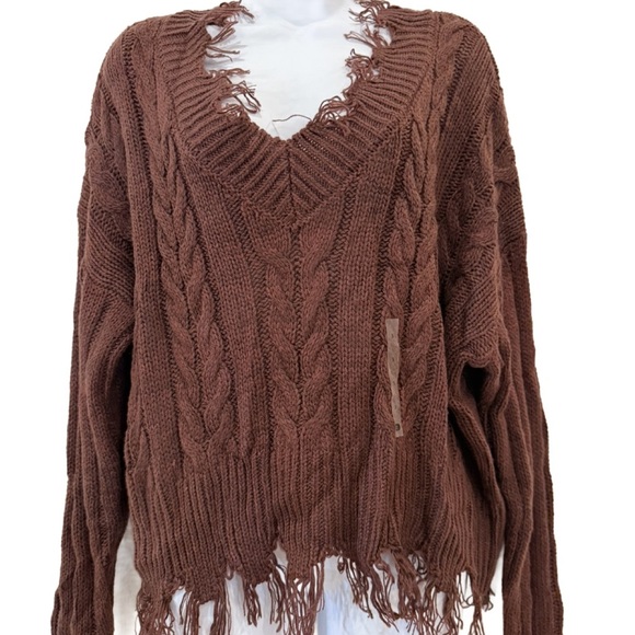 BKE deconstructed Chocolate V-Neck Cable Sweater, NWT, Small - Picture 2 of 8